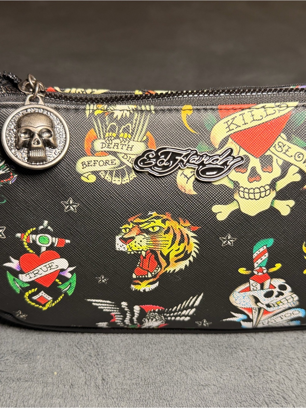 Ed Hardy Black Tattoo-Print Shoulder Bag with Multicolor Accents